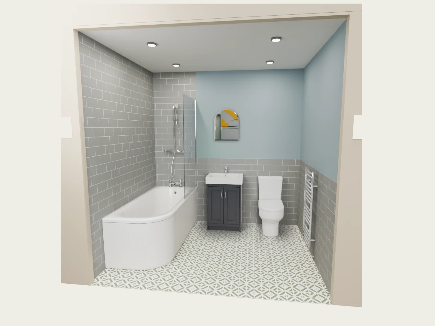 Dapper 1 virtual bathroom display: j-shaped bath & shower