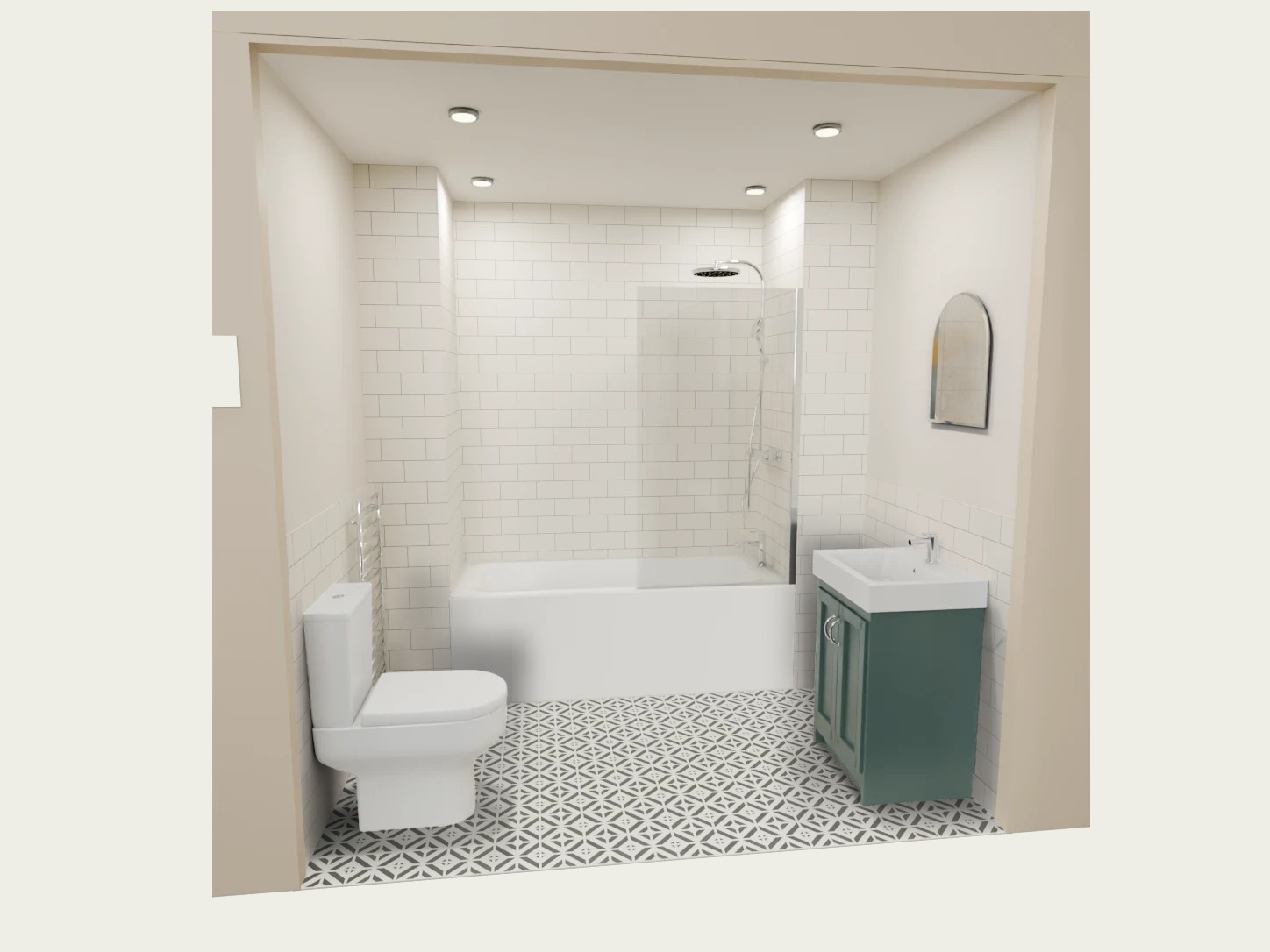 Dapper 4 virtual bathroom display: straight bath & shower
